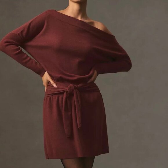 Anthropologie One Shoulder Rust Tie Waist Wool Blend Sweater Dress Size Large - Picture 3 of 11
